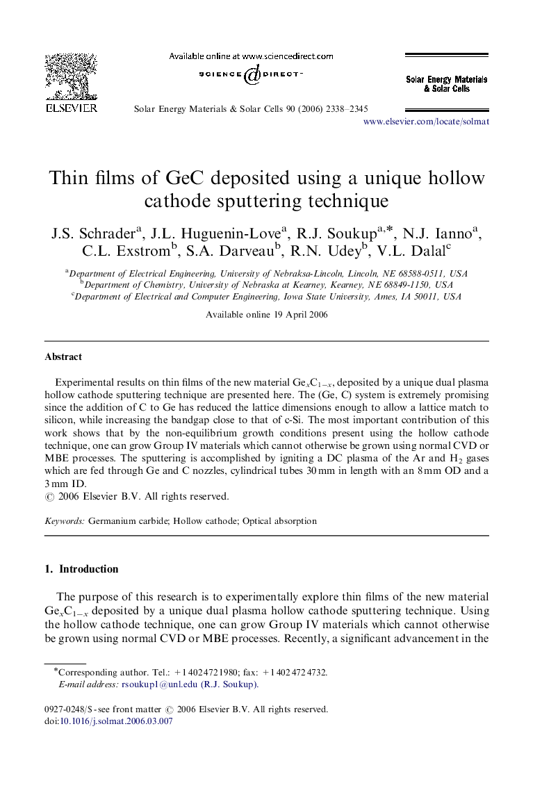 Thin films of GeC deposited using a unique hollow cathode sputtering technique
