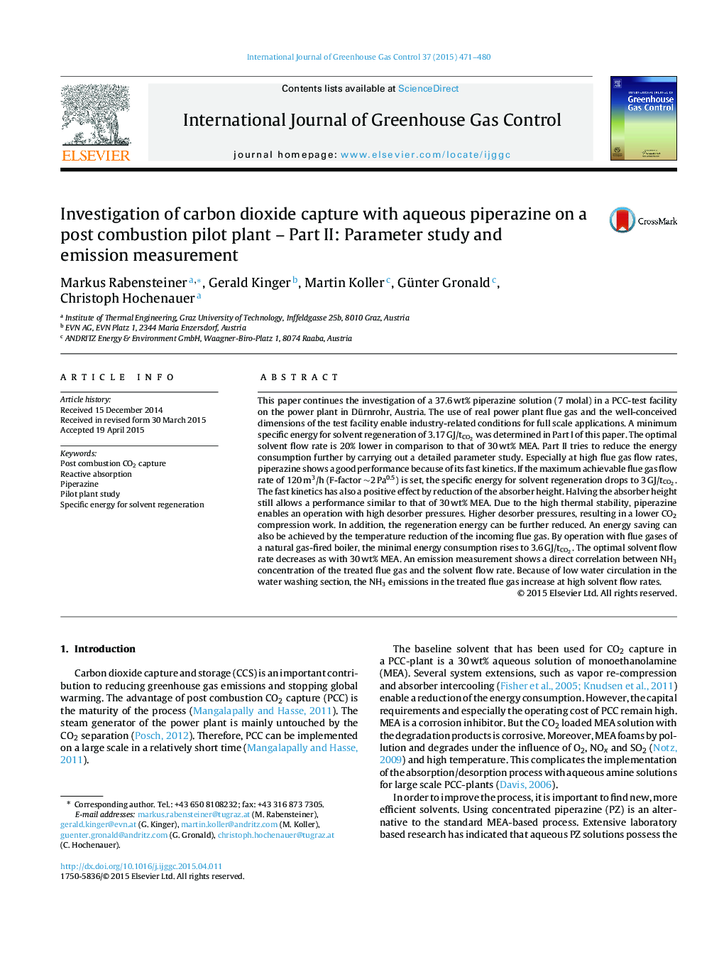 Investigation of carbon dioxide capture with aqueous piperazine on a post combustion pilot plant - Part II: Parameter study and emission measurement