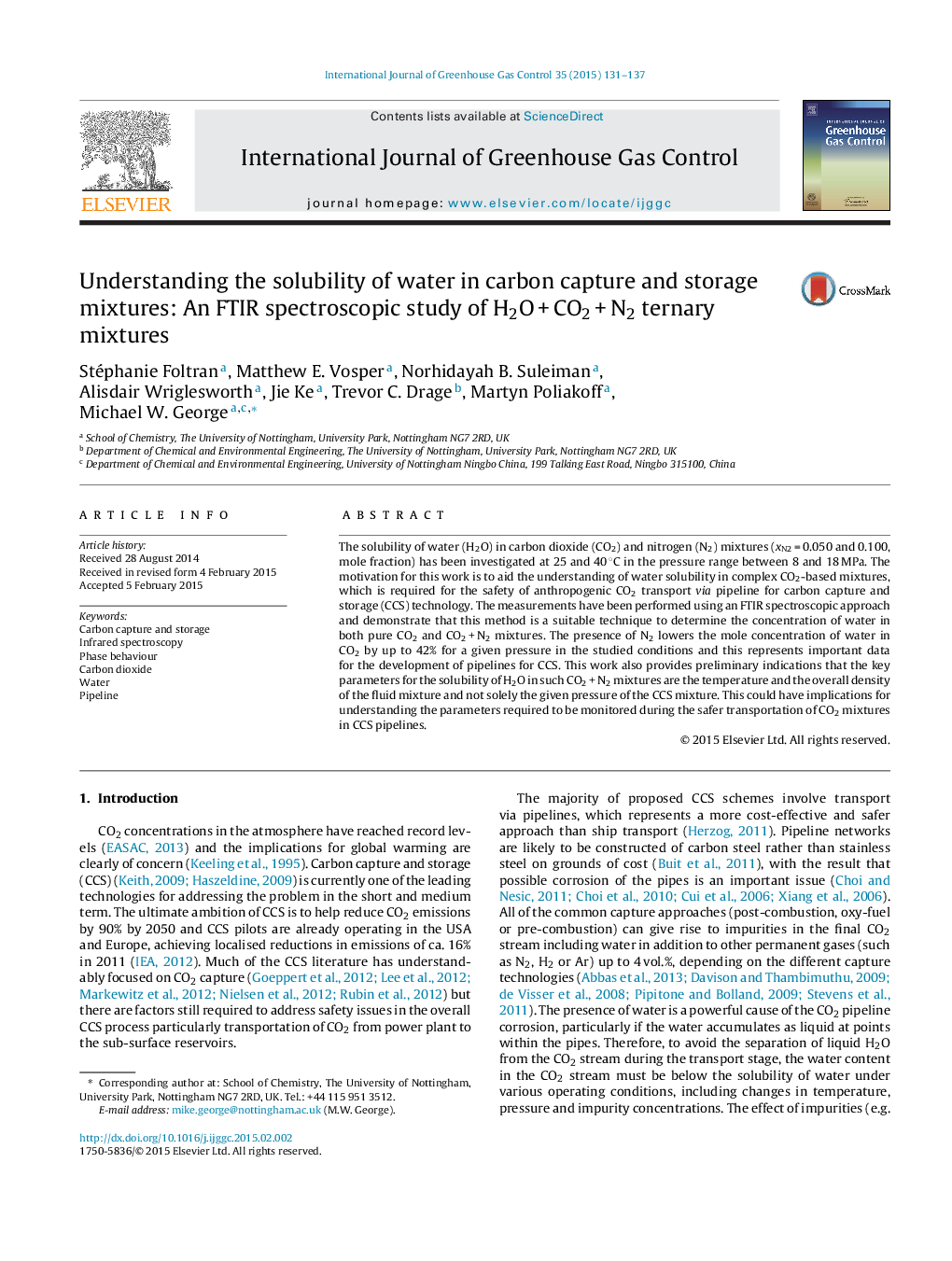 Understanding the solubility of water in carbon capture and storage mixtures: An FTIR spectroscopic study of H2OÂ +Â CO2Â +Â N2 ternary mixtures