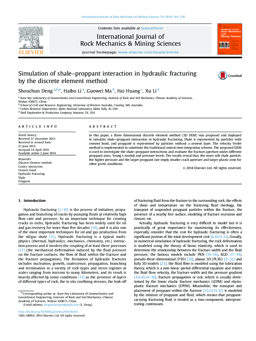 Simulation of shale–proppant interaction in hydraulic fracturing by the discrete element method