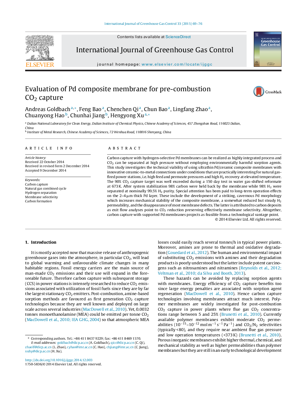 Evaluation of Pd composite membrane for pre-combustion CO2 capture