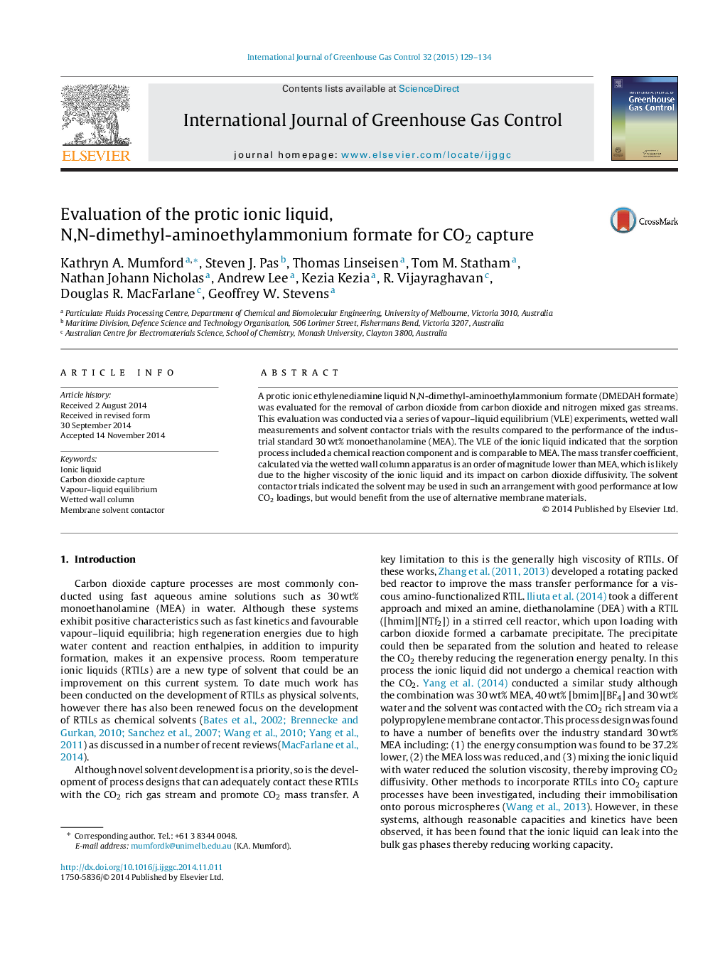 Evaluation of the protic ionic liquid, N,N-dimethyl-aminoethylammonium formate for CO2 capture