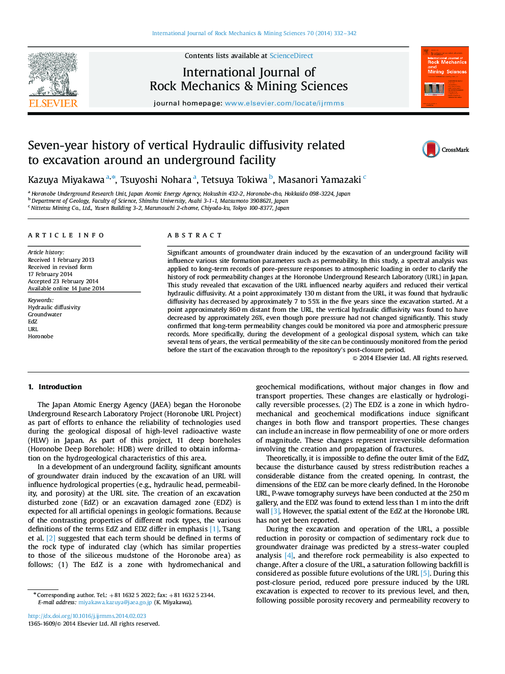 Seven-year history of vertical Hydraulic diffusivity related to excavation around an underground facility