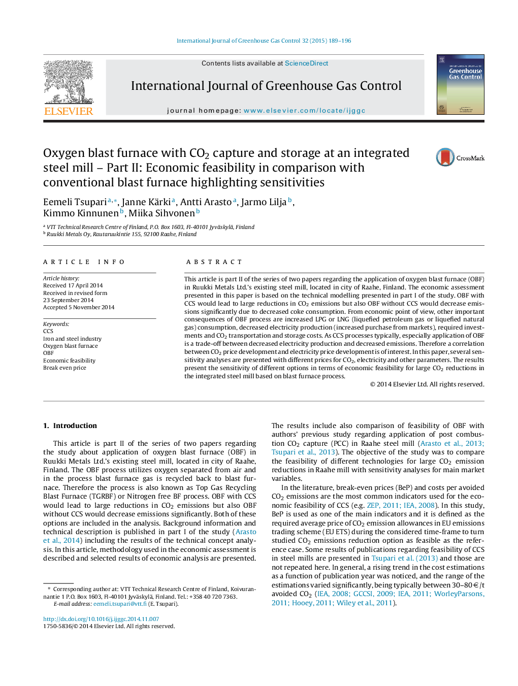 Oxygen blast furnace with CO2 capture and storage at an integrated steel mill - Part II: Economic feasibility in comparison with conventional blast furnace highlighting sensitivities