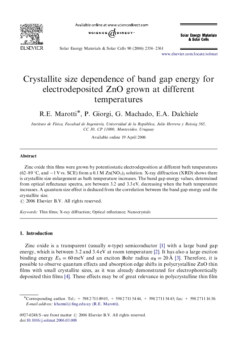 Crystallite size dependence of band gap energy for electrodeposited ZnO grown at different temperatures