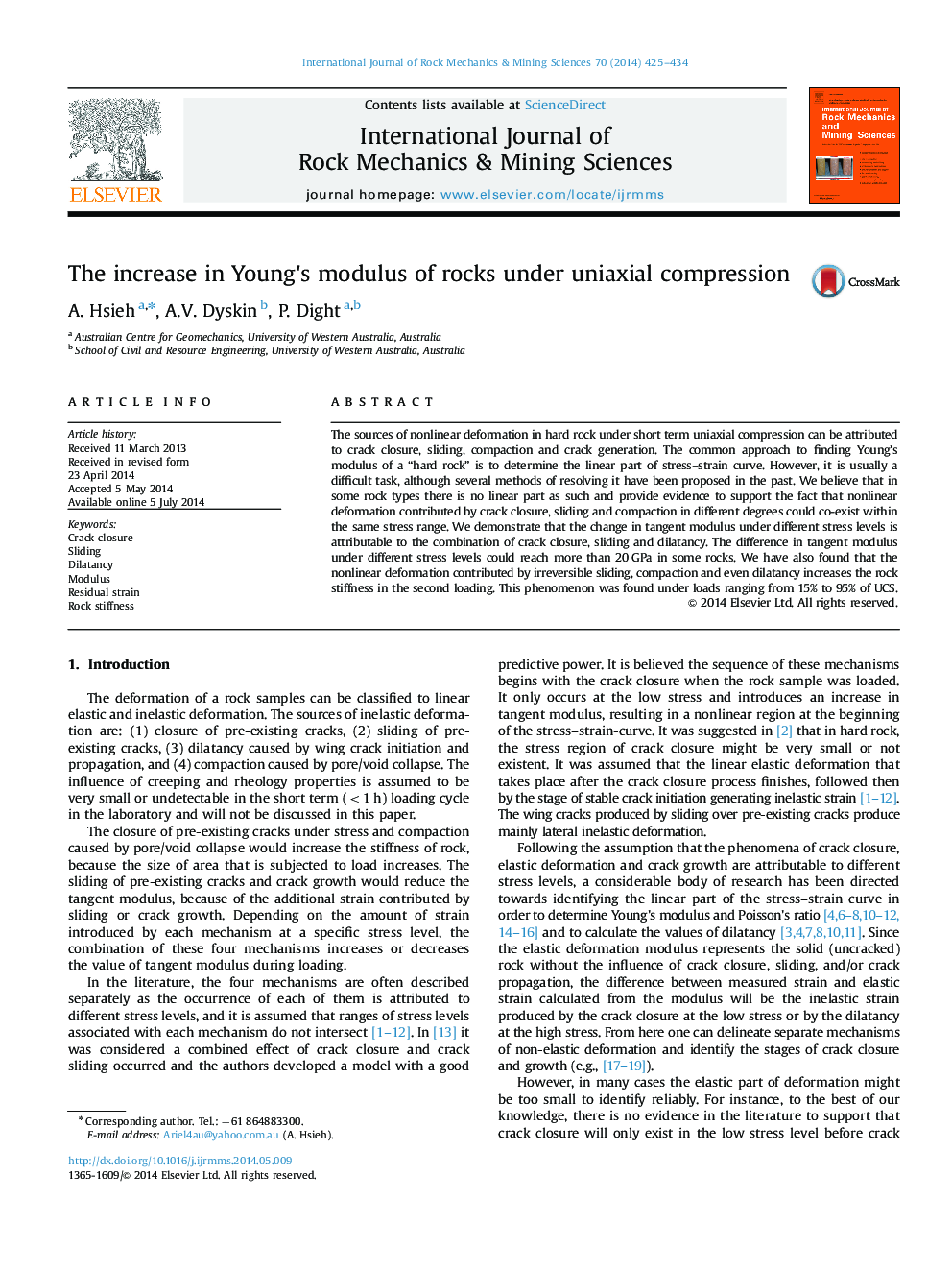 The increase in Young׳s modulus of rocks under uniaxial compression