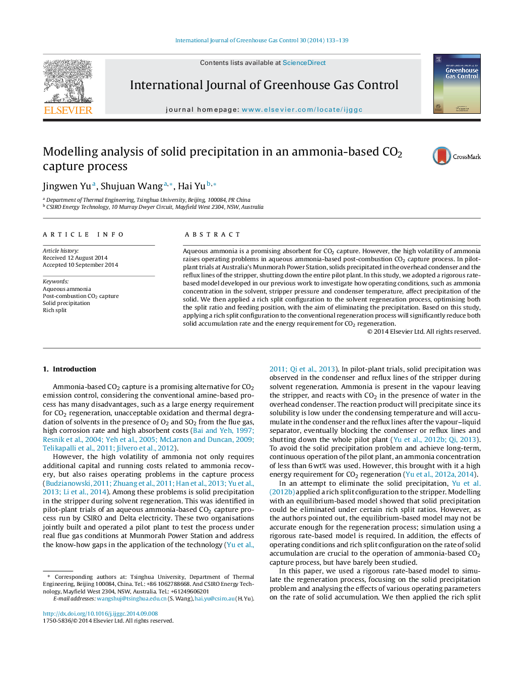 Modelling analysis of solid precipitation in an ammonia-based CO2 capture process