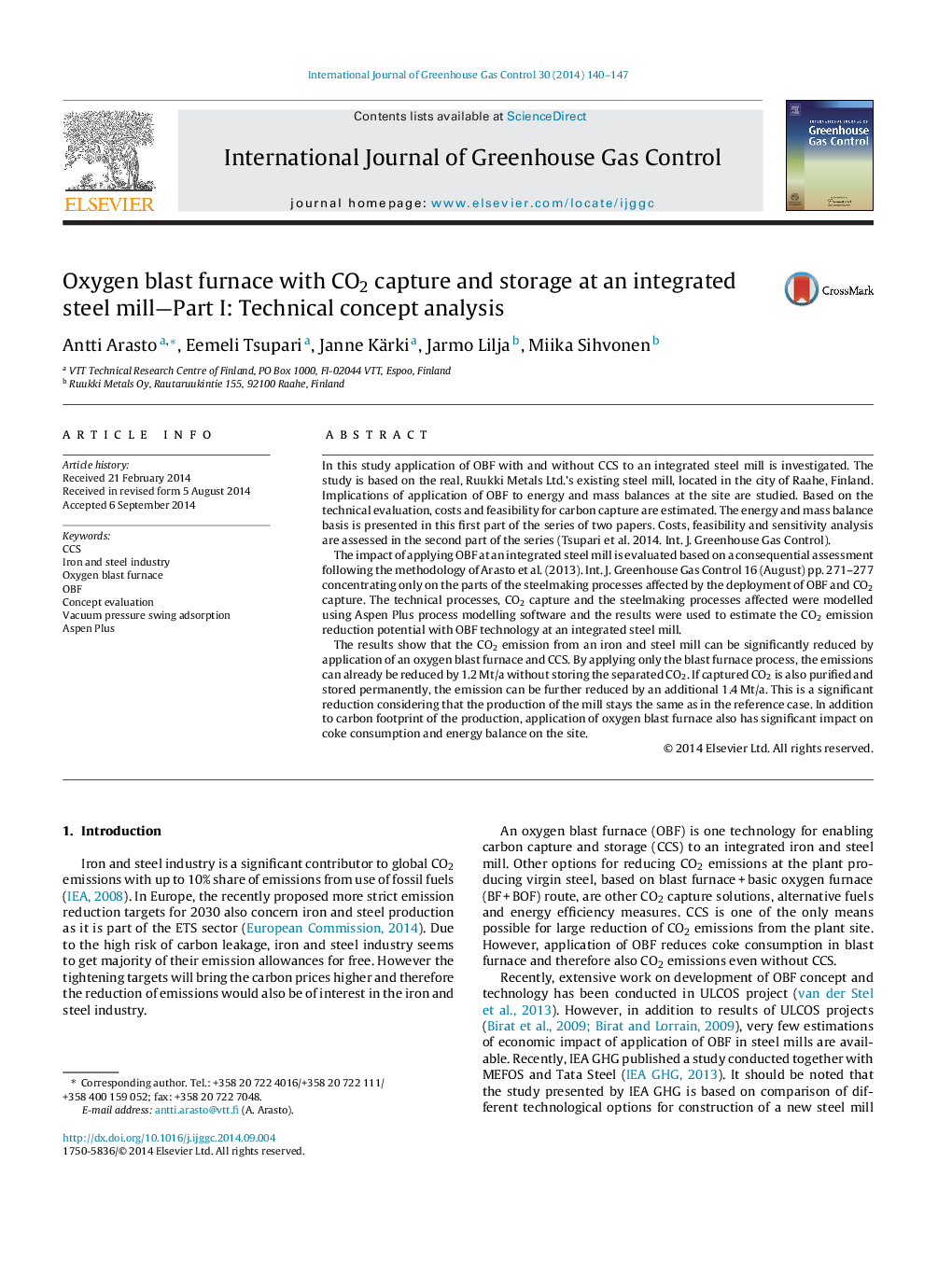 Oxygen blast furnace with CO2 capture and storage at an integrated steel mill-Part I: Technical concept analysis