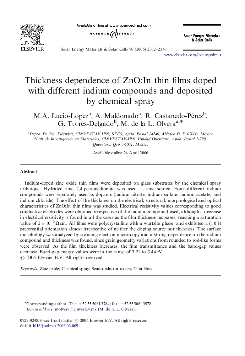 Thickness dependence of ZnO:In thin films doped with different indium compounds and deposited by chemical spray