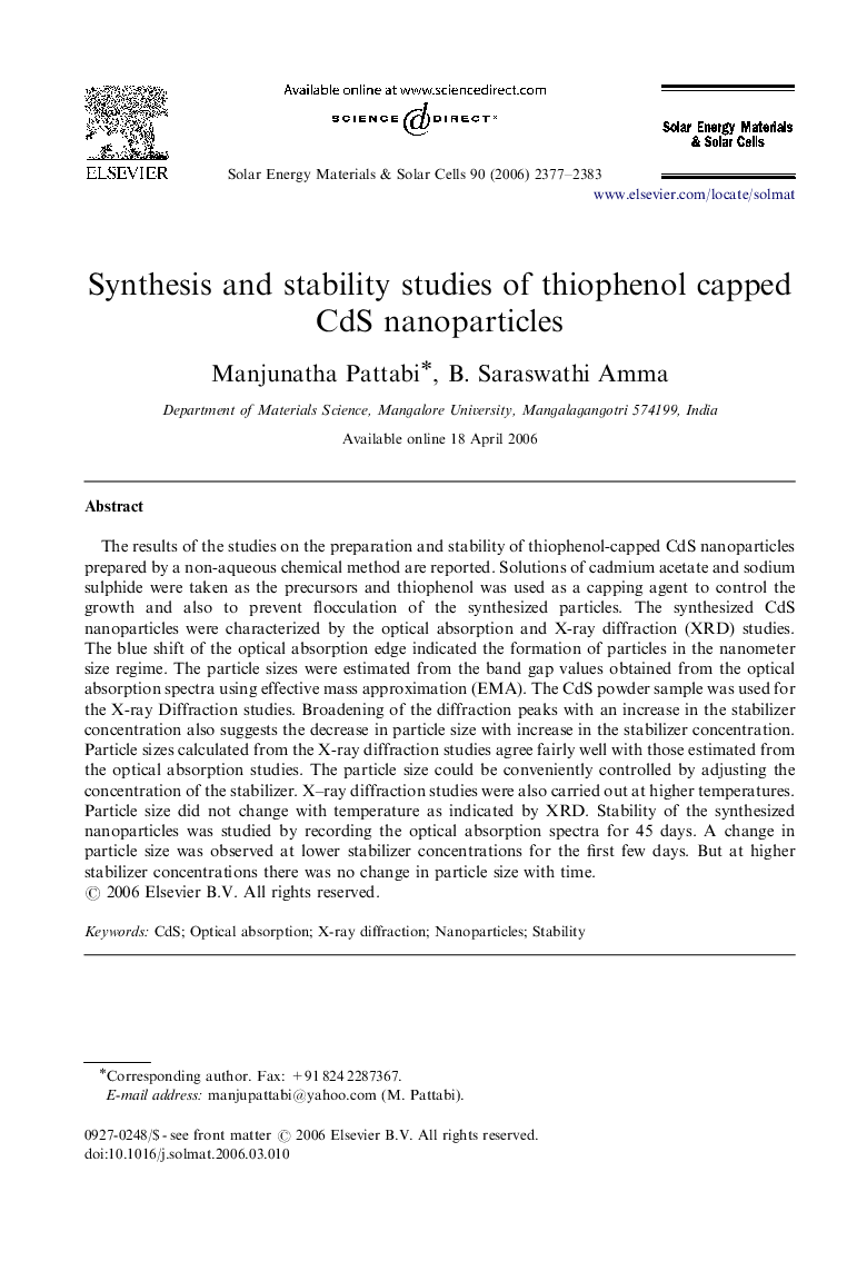 Synthesis and stability studies of thiophenol capped CdS nanoparticles