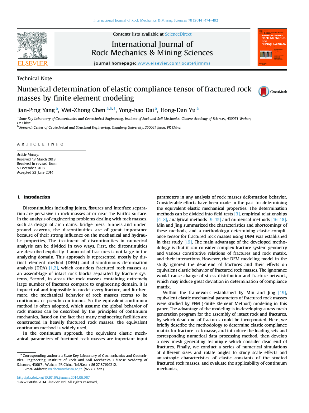 Numerical determination of elastic compliance tensor of fractured rock masses by finite element modeling