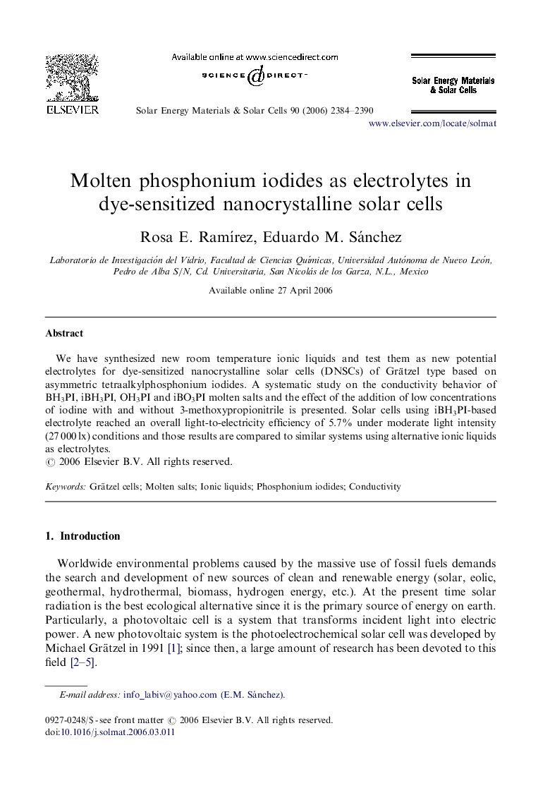 Molten phosphonium iodides as electrolytes in dye-sensitized nanocrystalline solar cells