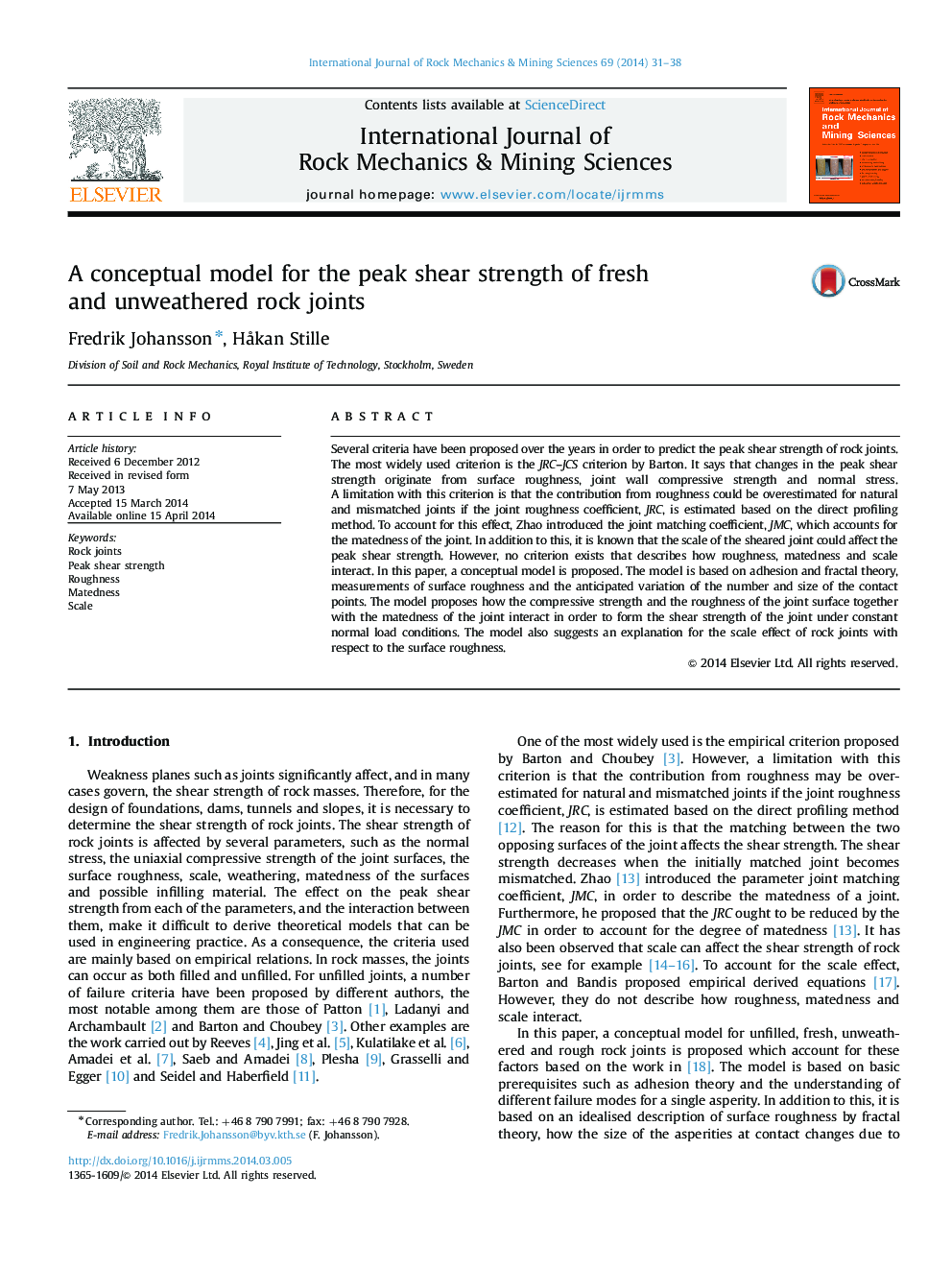 A conceptual model for the peak shear strength of fresh and unweathered rock joints