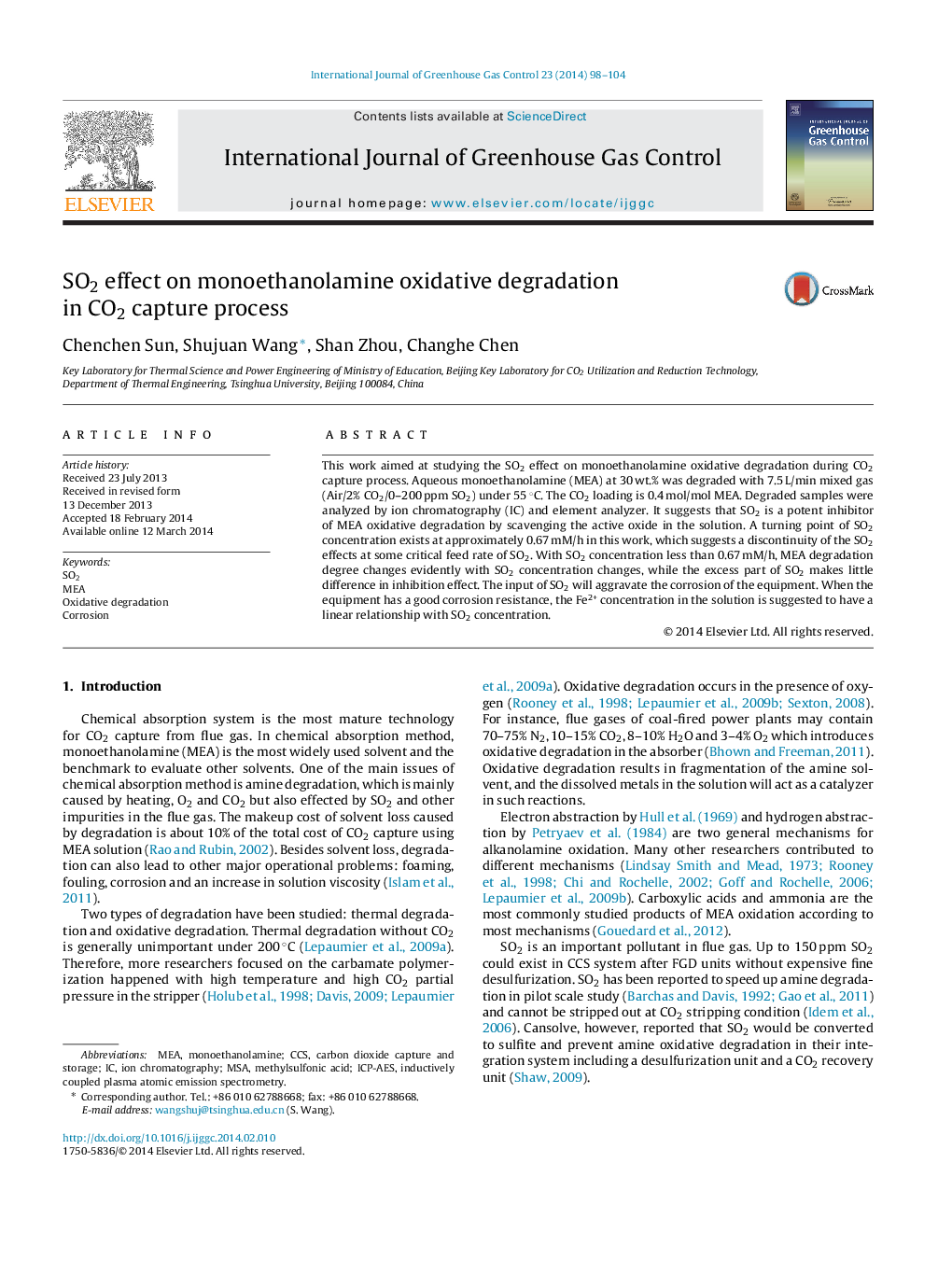 SO2 effect on monoethanolamine oxidative degradation in CO2 capture process