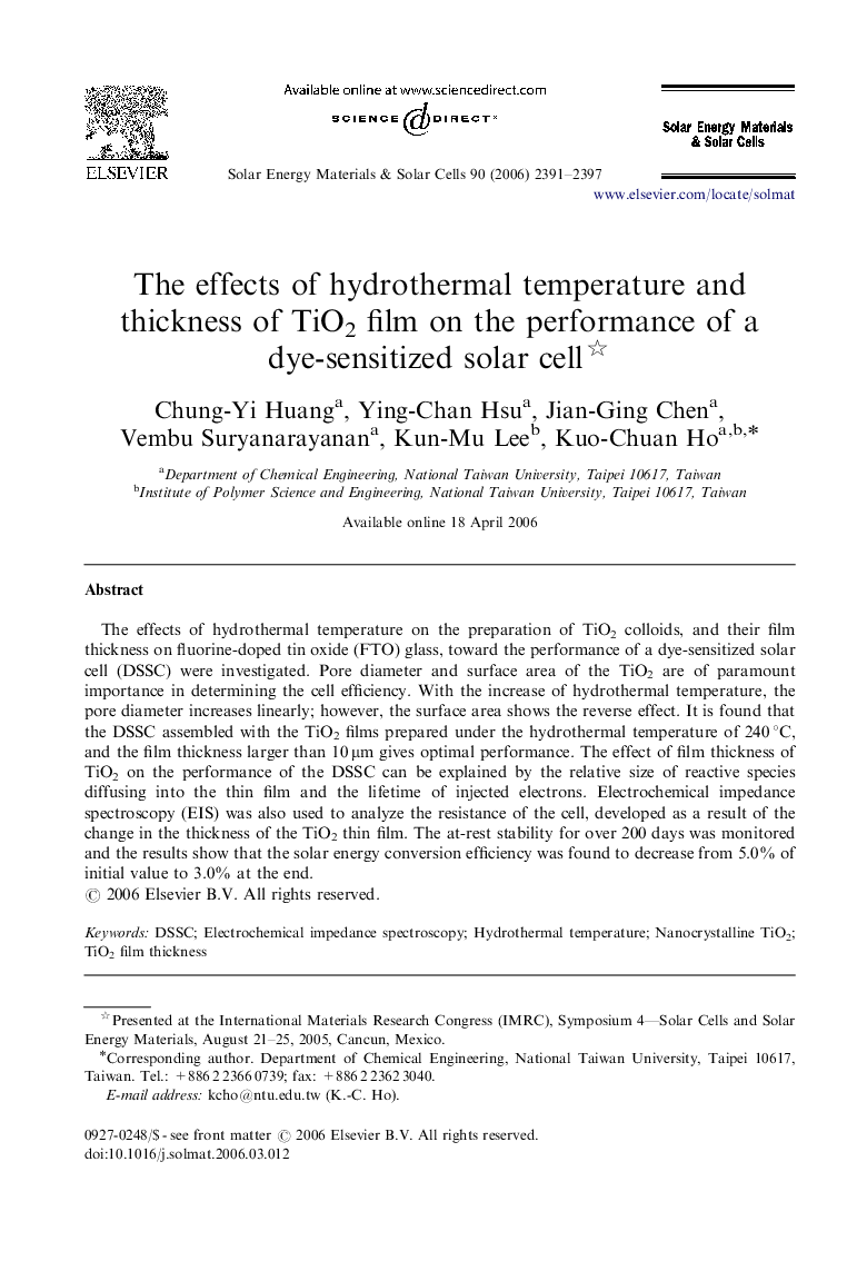 The effects of hydrothermal temperature and thickness of TiO2 film on the performance of a dye-sensitized solar cell 