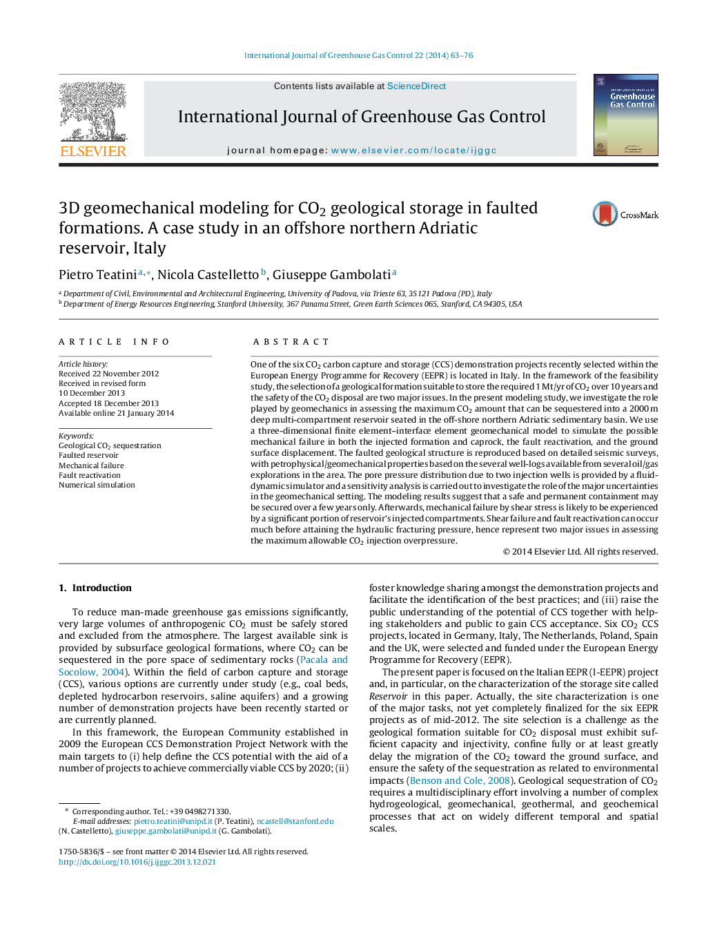 3D geomechanical modeling for CO2 geological storage in faulted formations. A case study in an offshore northern Adriatic reservoir, Italy