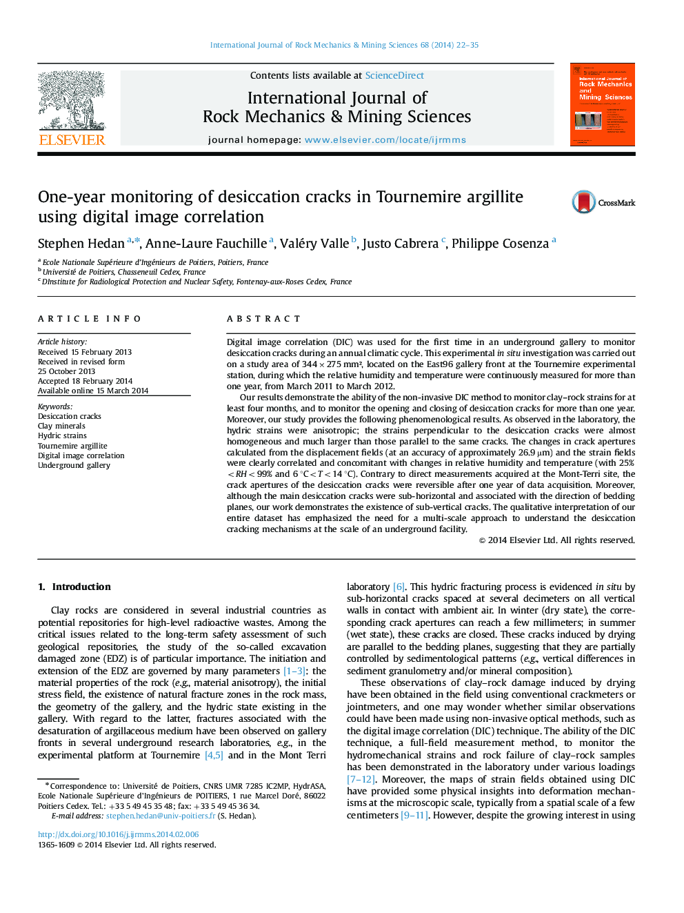 One-year monitoring of desiccation cracks in Tournemire argillite using digital image correlation