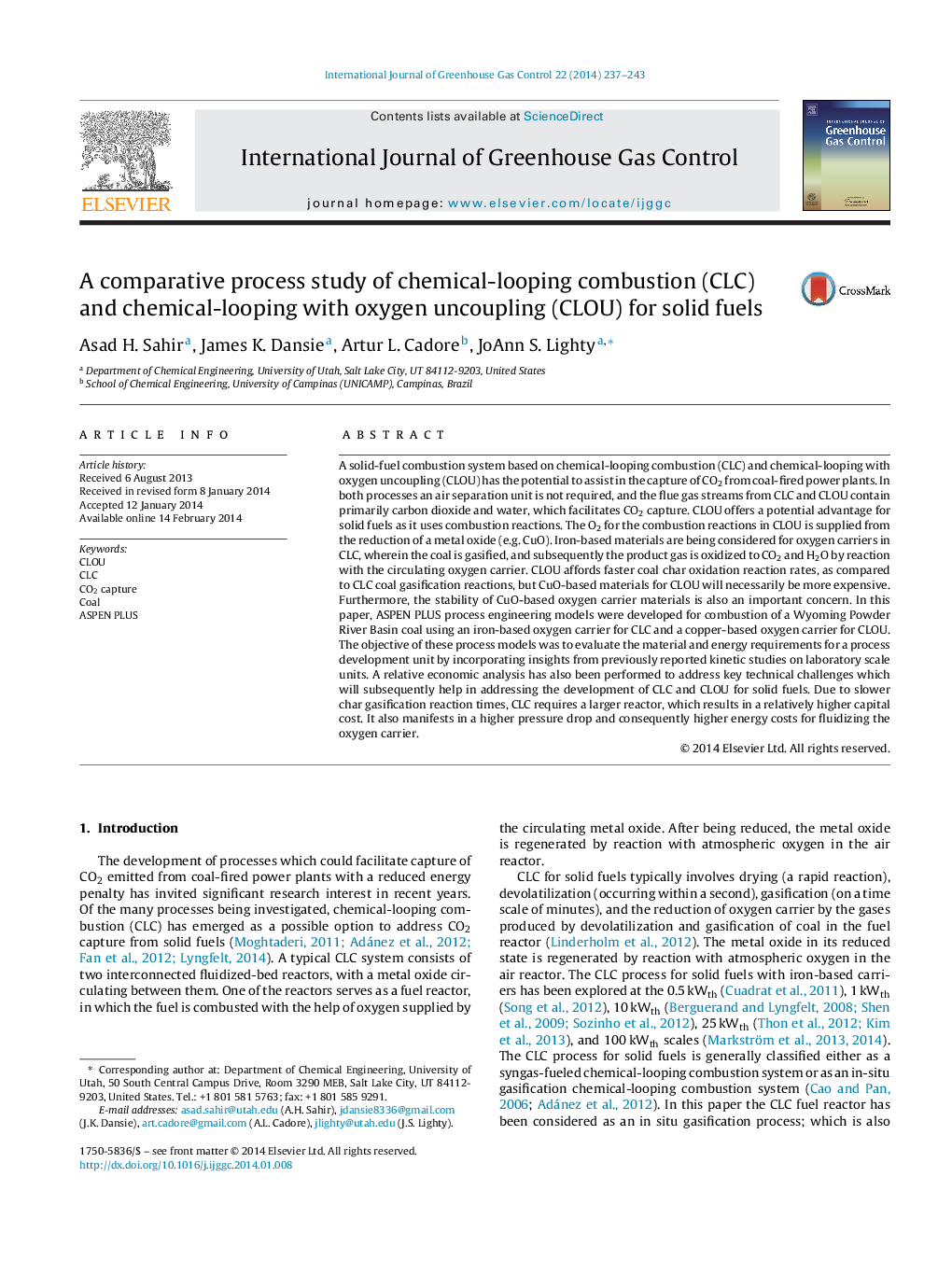 A comparative process study of chemical-looping combustion (CLC) and chemical-looping with oxygen uncoupling (CLOU) for solid fuels