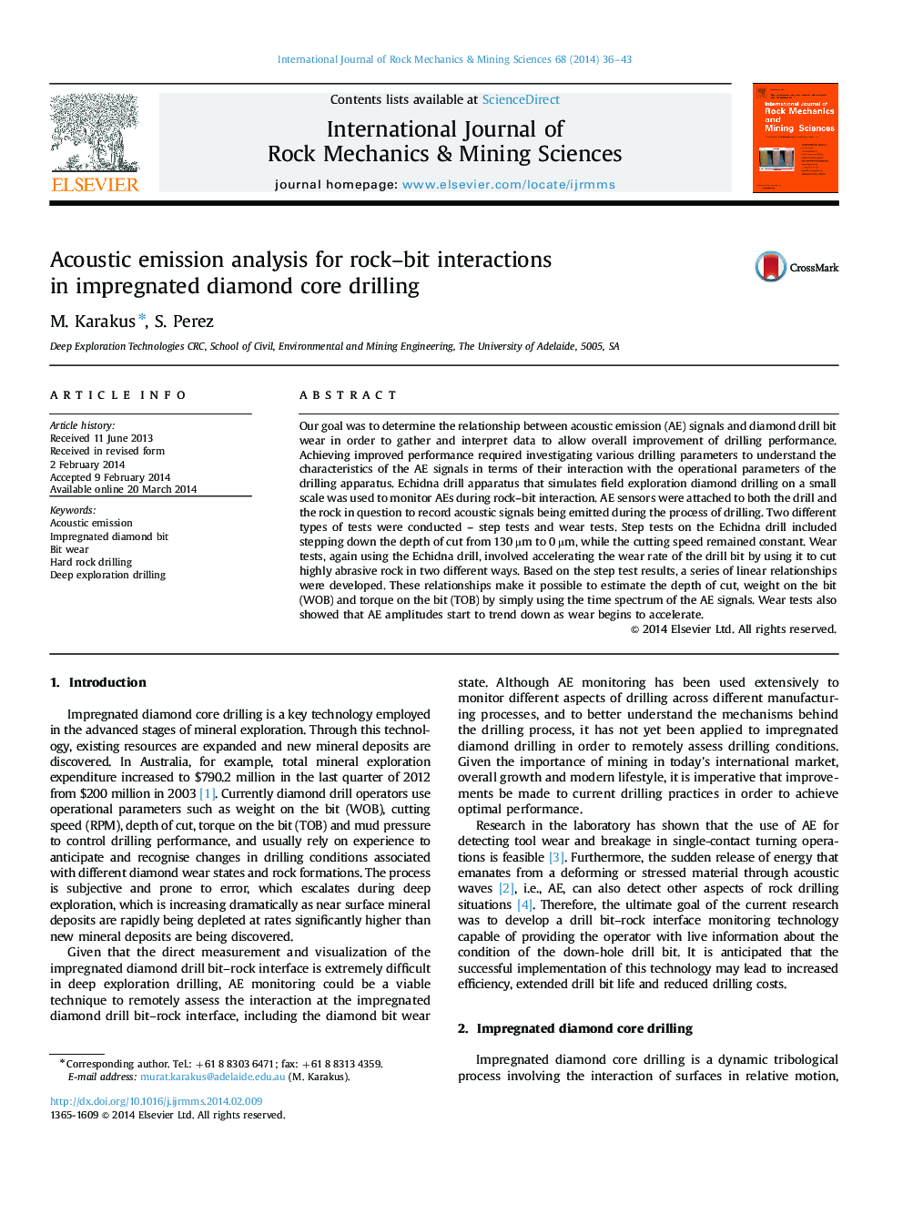 Acoustic emission analysis for rock–bit interactions in impregnated diamond core drilling