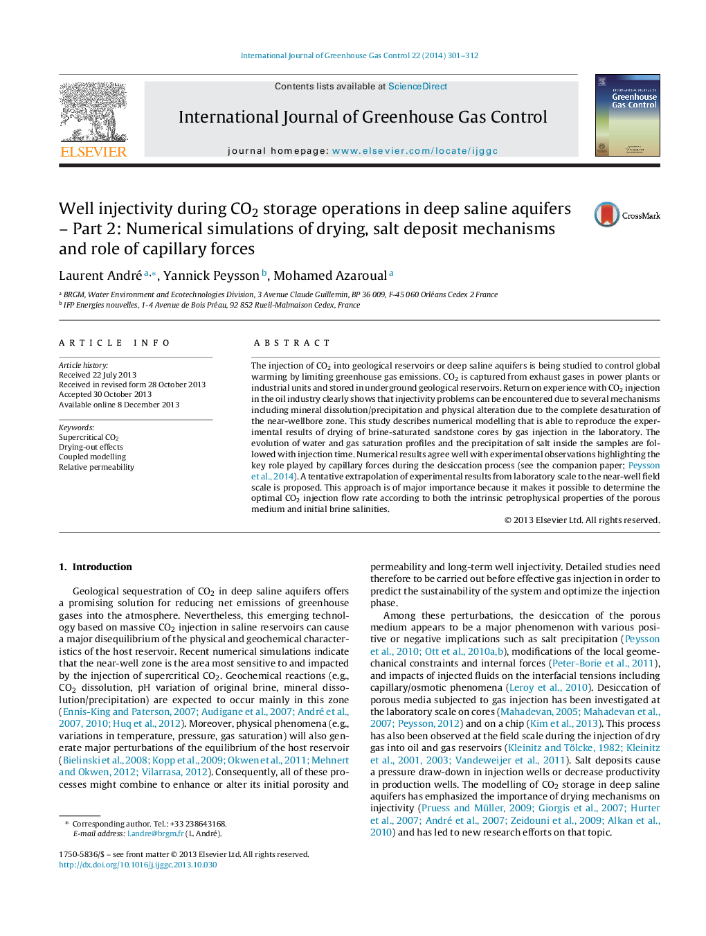 Well injectivity during CO2 storage operations in deep saline aquifers - Part 2: Numerical simulations of drying, salt deposit mechanisms and role of capillary forces