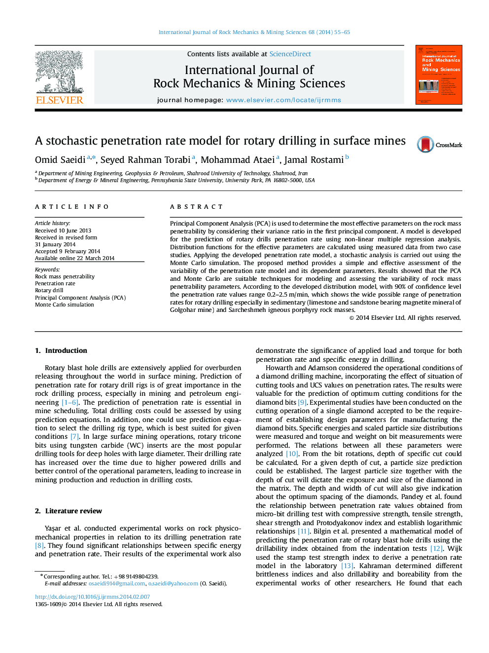 A stochastic penetration rate model for rotary drilling in surface mines