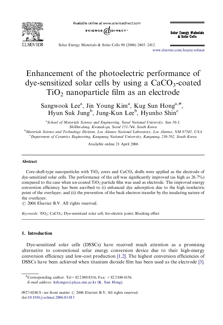 Enhancement of the photoelectric performance of dye-sensitized solar cells by using a CaCO3-coated TiO2 nanoparticle film as an electrode