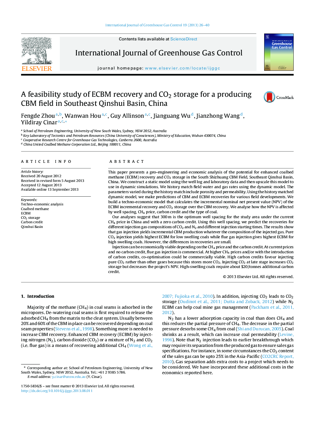A feasibility study of ECBM recovery and CO2 storage for a producing CBM field in Southeast Qinshui Basin, China