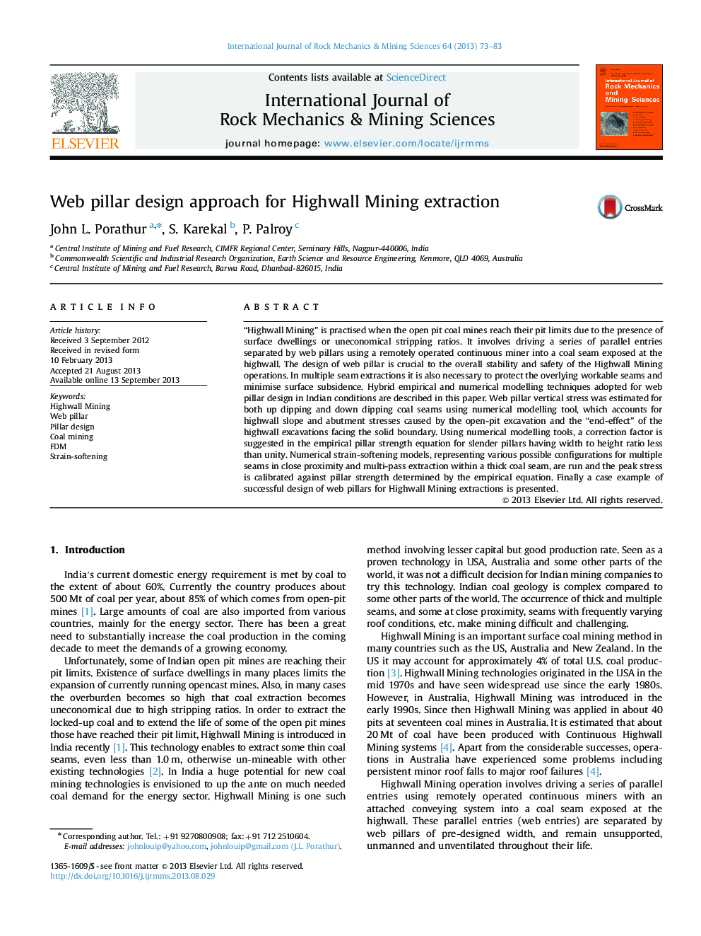 Web pillar design approach for Highwall Mining extraction