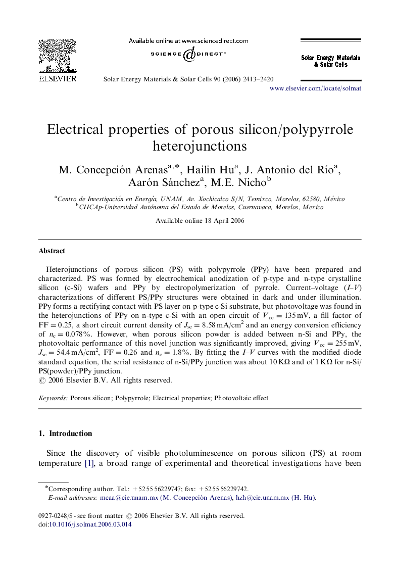 Electrical properties of porous silicon/polypyrrole heterojunctions