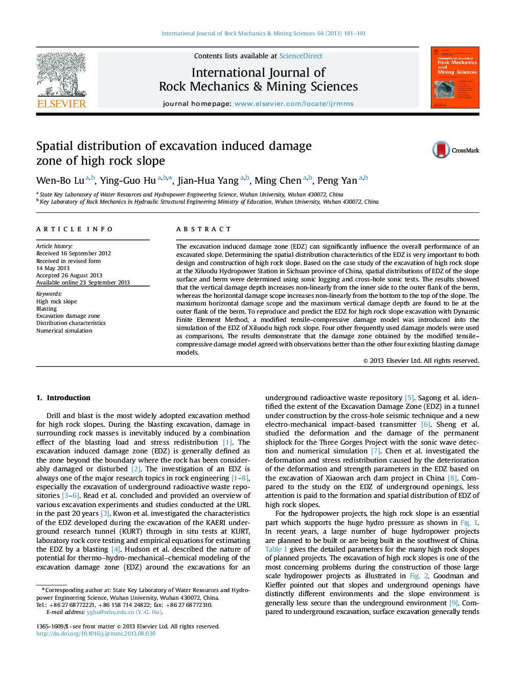 Spatial distribution of excavation induced damage zone of high rock slope