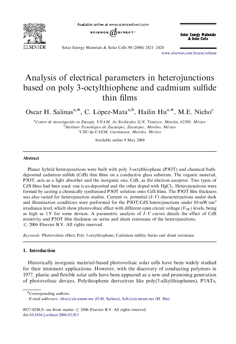 Analysis of electrical parameters in heterojunctions based on poly 3-octylthiophene and cadmium sulfide thin films