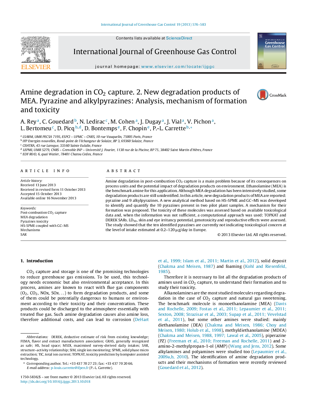 Amine degradation in CO2 capture. 2. New degradation products of MEA. Pyrazine and alkylpyrazines: Analysis, mechanism of formation and toxicity