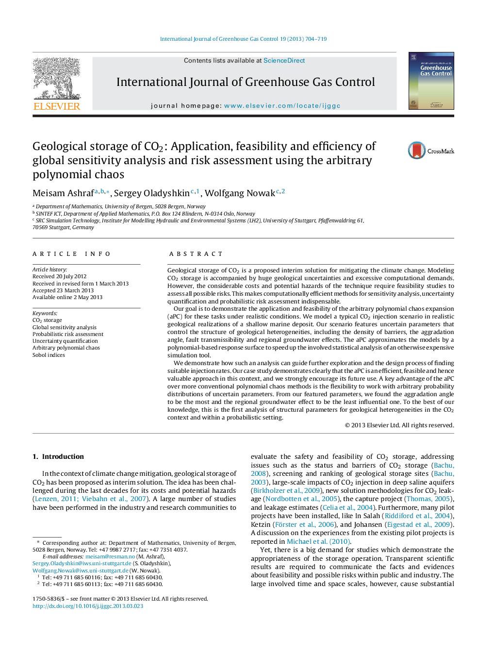 Geological storage of CO2: Application, feasibility and efficiency of global sensitivity analysis and risk assessment using the arbitrary polynomial chaos