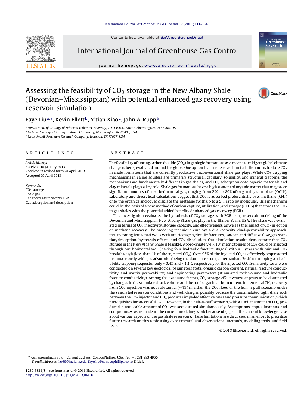 Assessing the feasibility of CO2 storage in the New Albany Shale (Devonian-Mississippian) with potential enhanced gas recovery using reservoir simulation