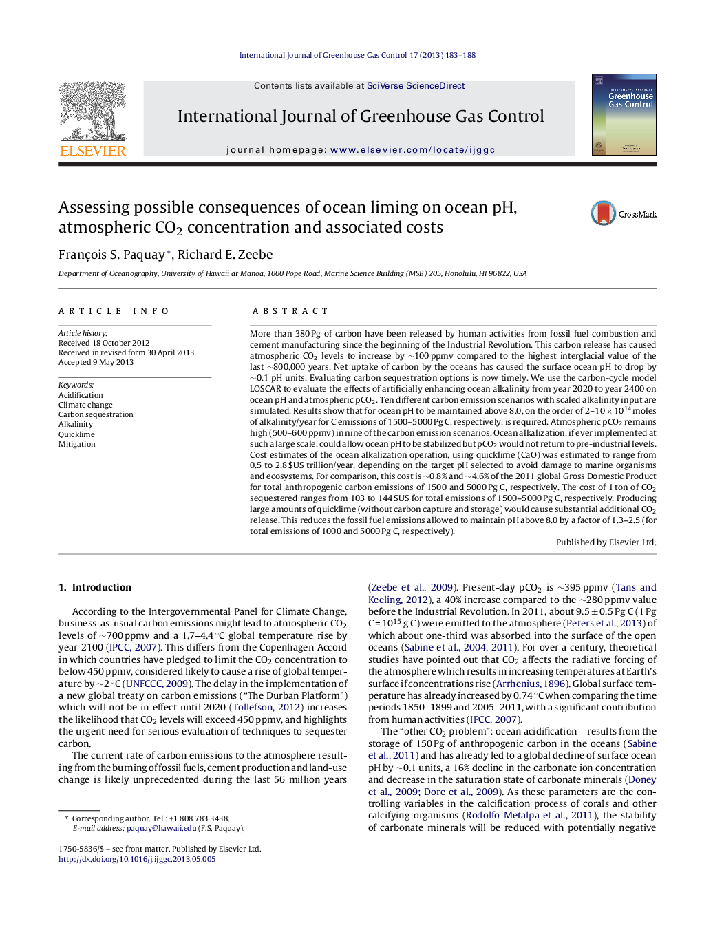 Assessing possible consequences of ocean liming on ocean pH, atmospheric CO2 concentration and associated costs