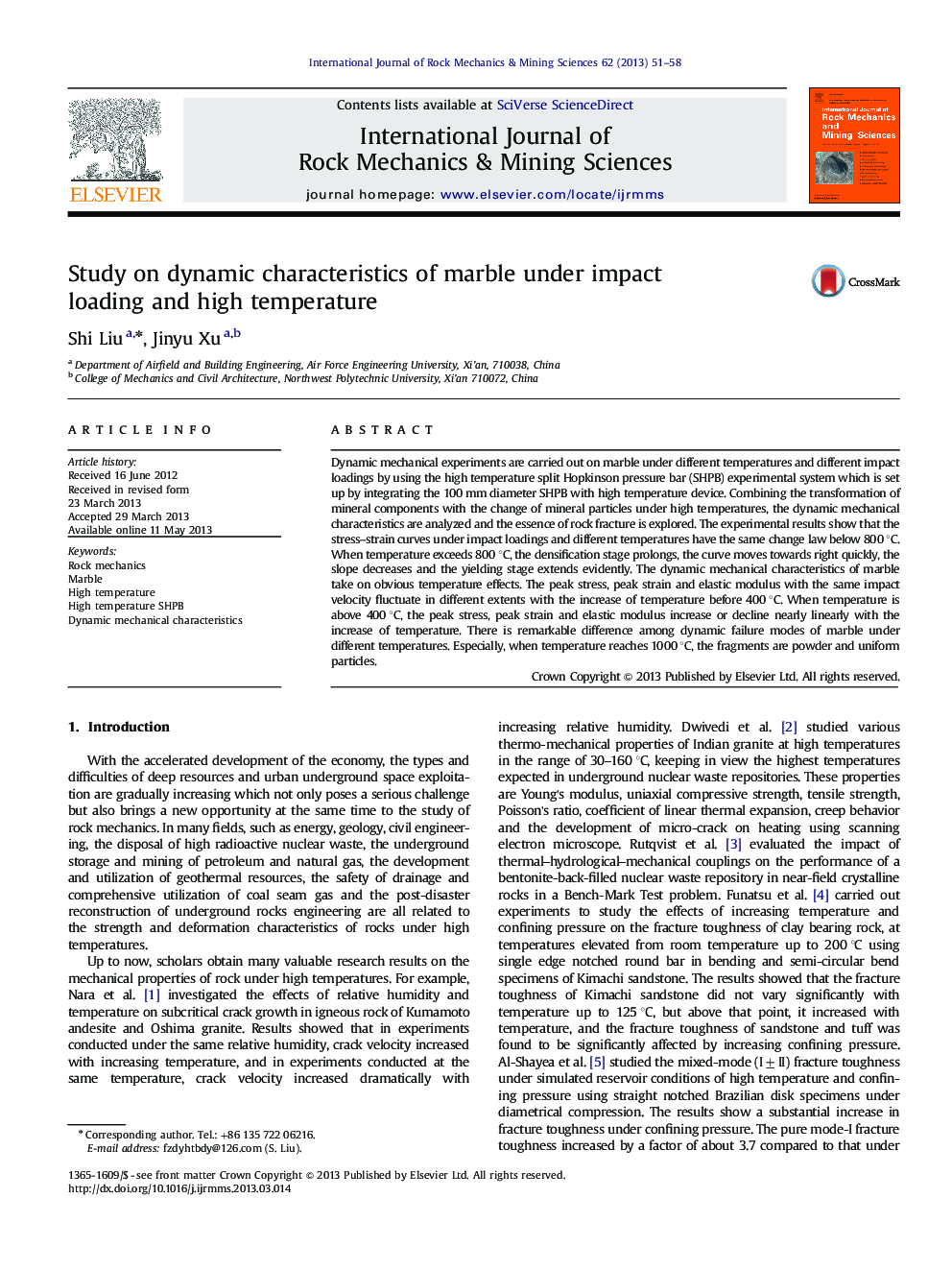 Study on dynamic characteristics of marble under impact loading and high temperature