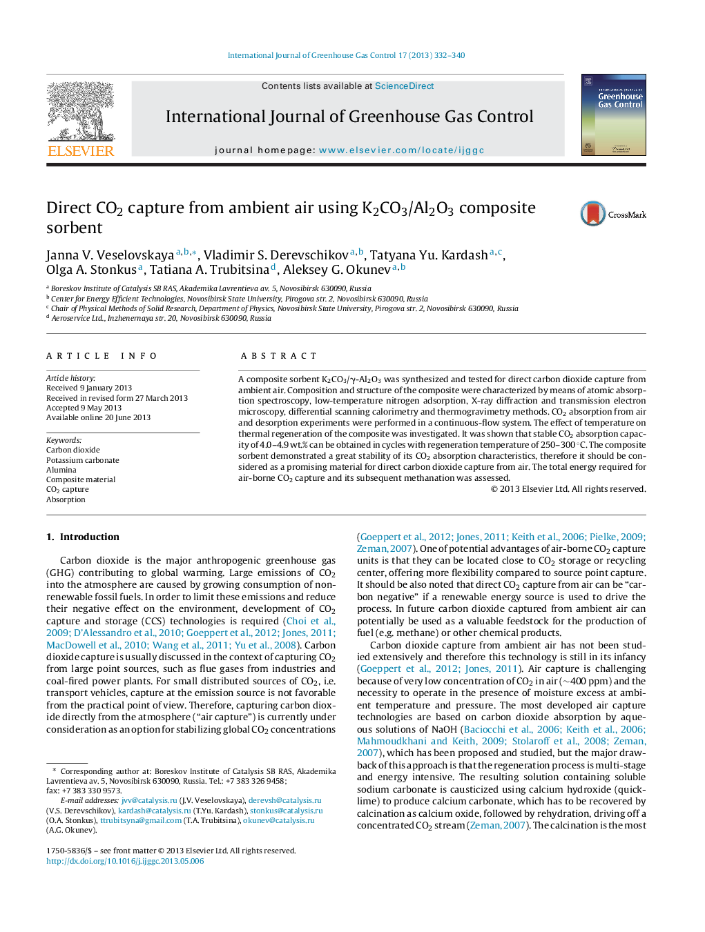 Direct CO2 capture from ambient air using K2CO3/Al2O3 composite sorbent