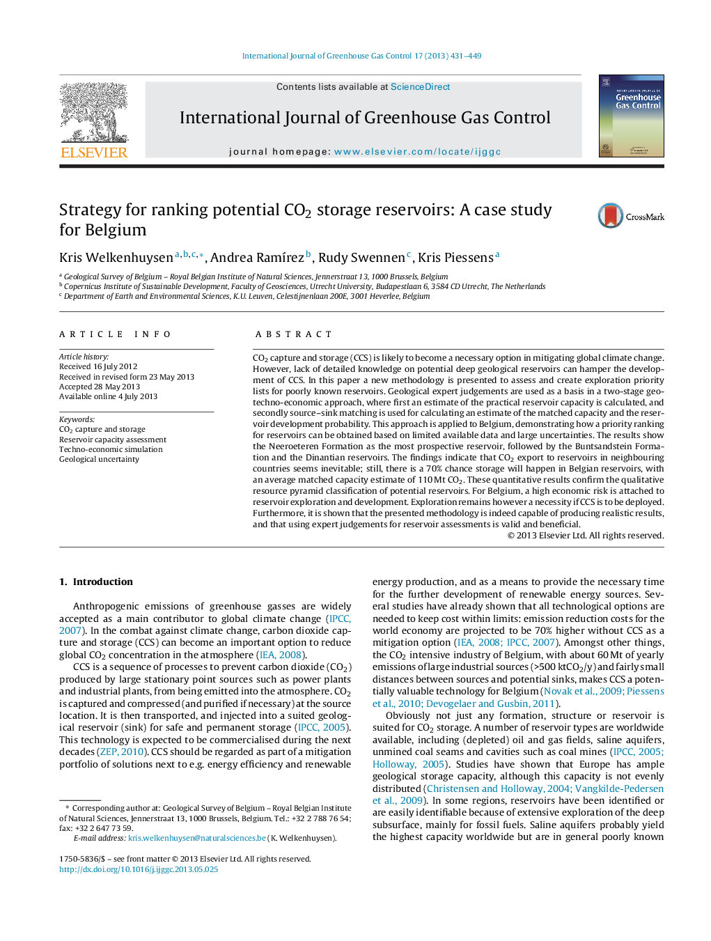 Strategy for ranking potential CO2 storage reservoirs: A case study for Belgium