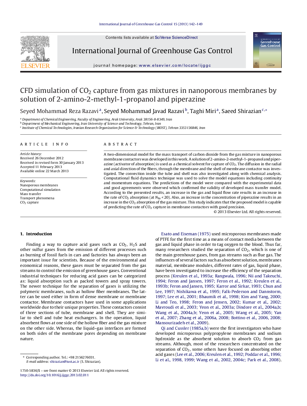 CFD simulation of CO2 capture from gas mixtures in nanoporous membranes by solution of 2-amino-2-methyl-1-propanol and piperazine