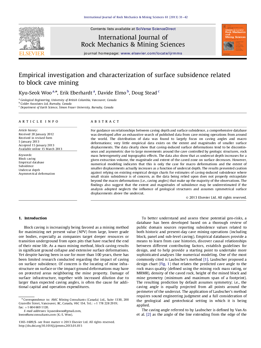 Empirical investigation and characterization of surface subsidence related to block cave mining