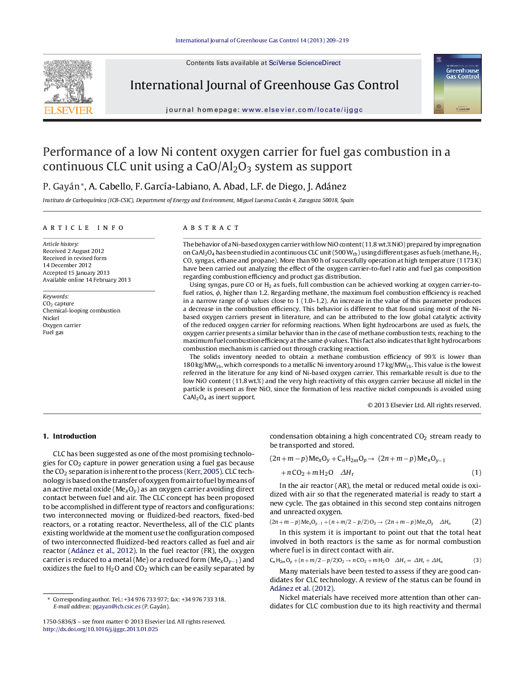 Performance of a low Ni content oxygen carrier for fuel gas combustion in a continuous CLC unit using a CaO/Al2O3 system as support