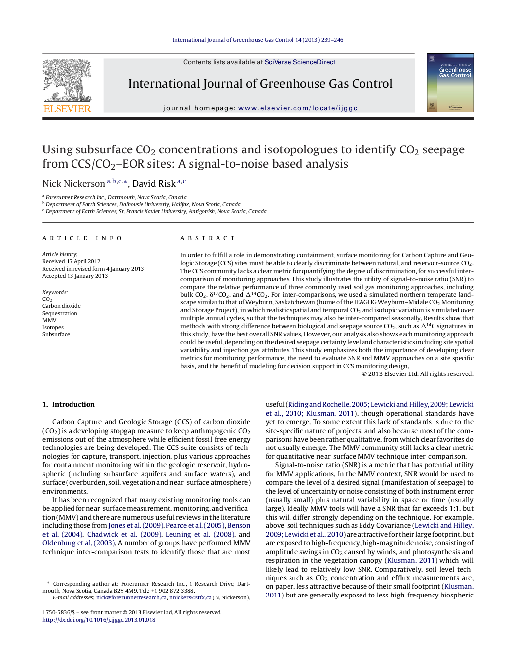 عکس صفحه اول مقاله: Using subsurface CO2 concentrations and isotopologues to identify CO2 seepage from CCS/CO2-EOR sites: A signal-to-noise based analysis Using subsurface CO2 concentrations and isotopologues to identify CO2 seepage from CCS/CO2-EOR sites: A signal-to-noise based analysis