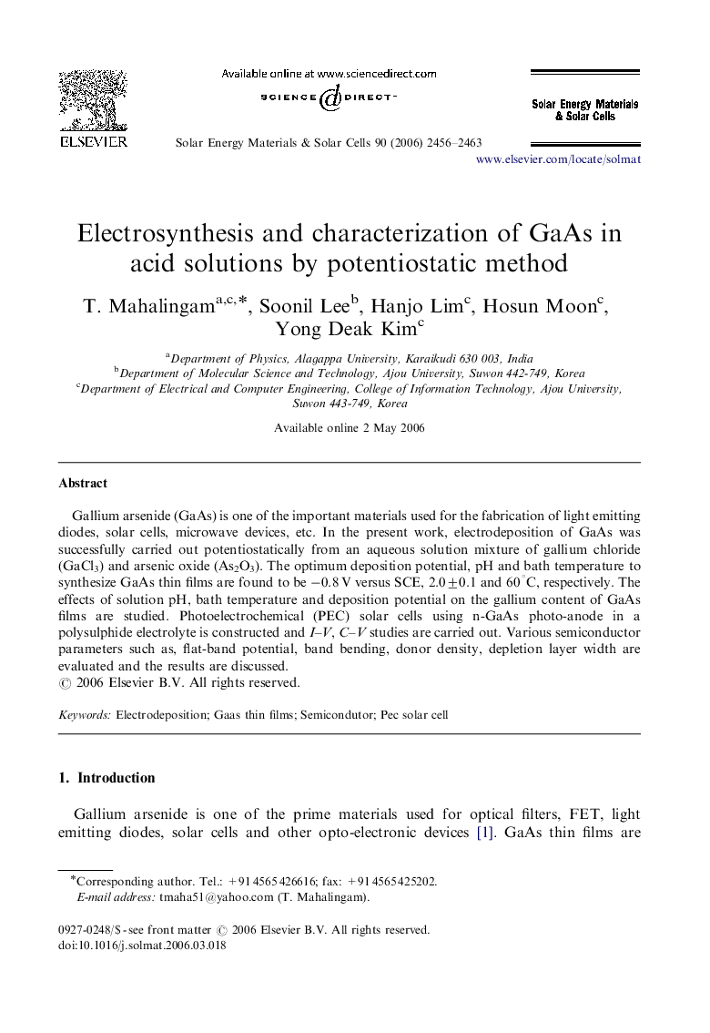 Electrosynthesis and characterization of GaAs in acid solutions by potentiostatic method