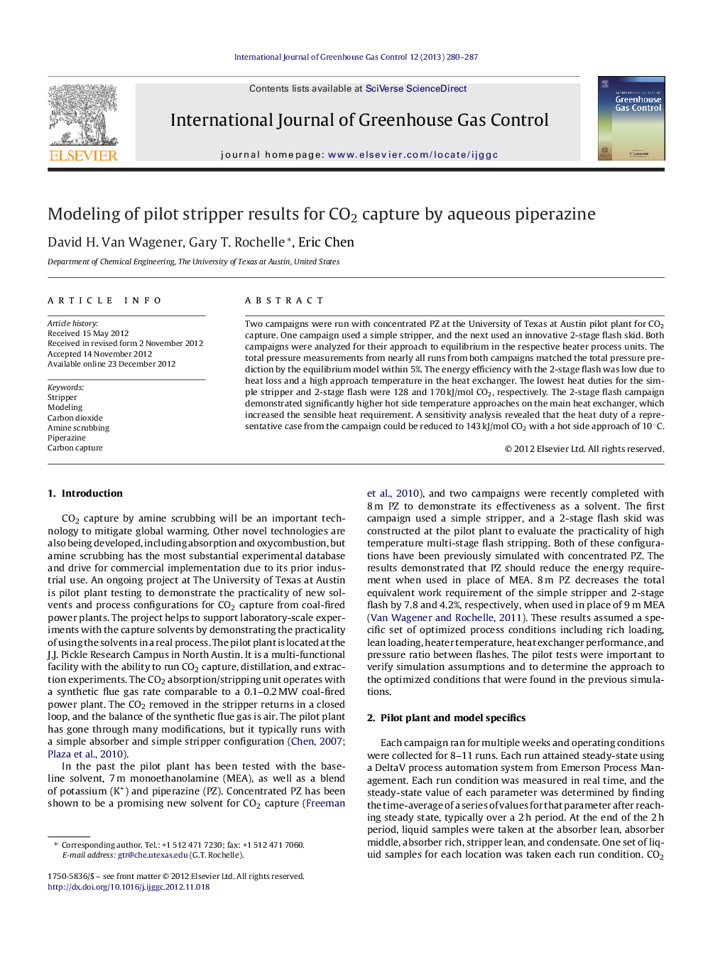 Modeling of pilot stripper results for CO2 capture by aqueous piperazine