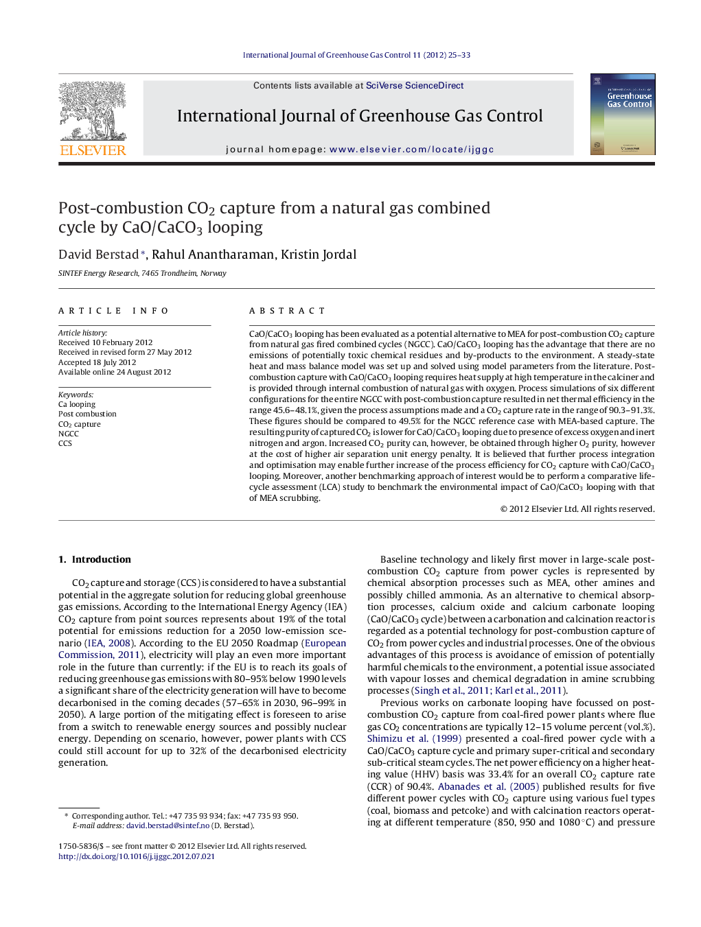 Post-combustion CO2 capture from a natural gas combined cycle by CaO/CaCO3 looping