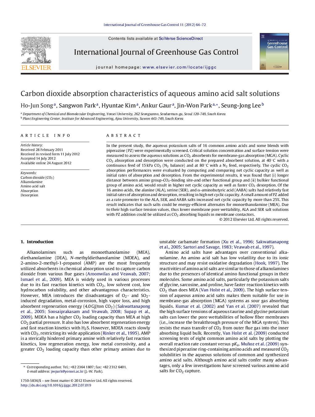 Carbon dioxide absorption characteristics of aqueous amino acid salt solutions