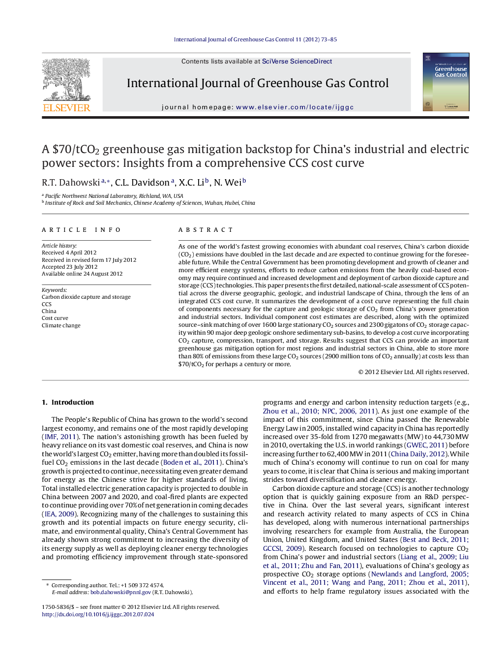 A $70/tCO2 greenhouse gas mitigation backstop for China's industrial and electric power sectors: Insights from a comprehensive CCS cost curve