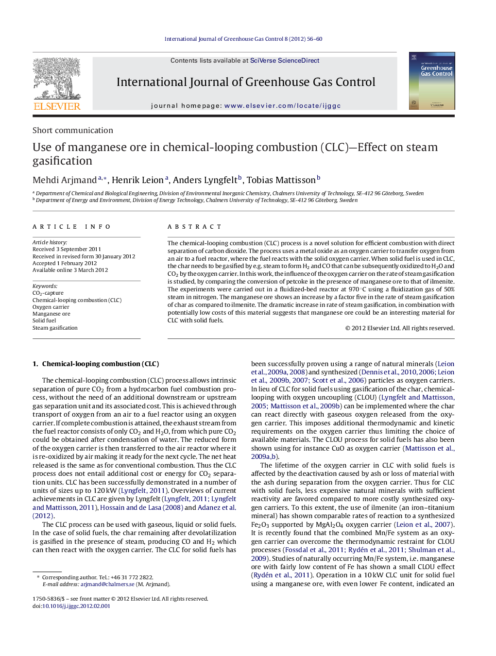 Use of manganese ore in chemical-looping combustion (CLC)-Effect on steam gasification