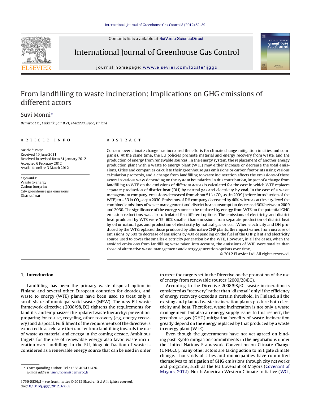 عکس صفحه اول مقاله: From landfilling to waste incineration: Implications on GHG emissions of different actors From landfilling to waste incineration: Implications on GHG emissions of different actors