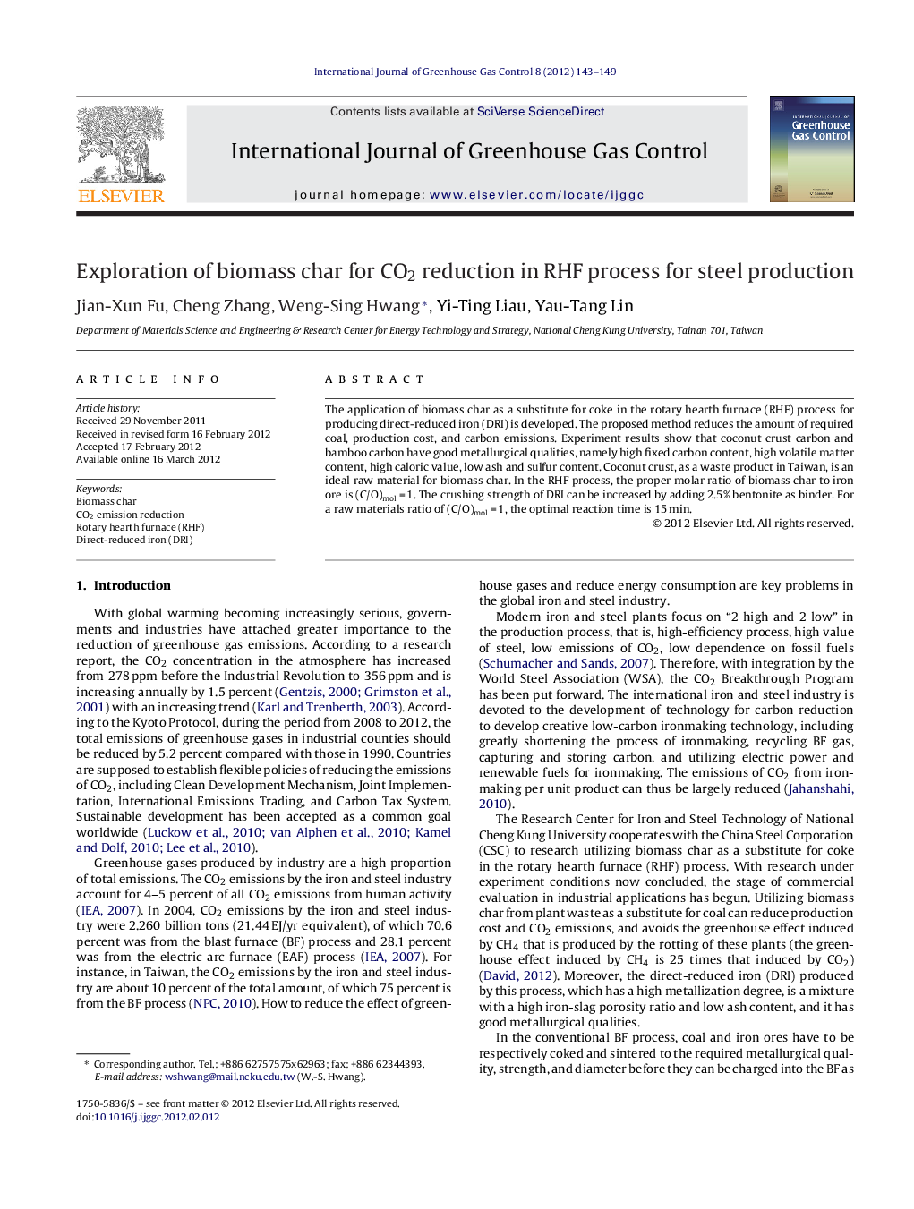 Exploration of biomass char for CO2 reduction in RHF process for steel production